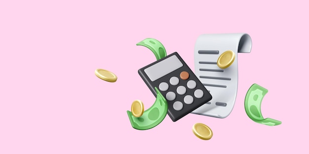 Pago de recibo de procesamiento 3D con monedas de oro de calculadora y moneda de billete verde