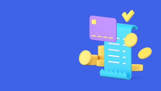 Pago con tarjeta recibo completo factura volando moneda de oro dinero en efectivo icono 3D vector realista