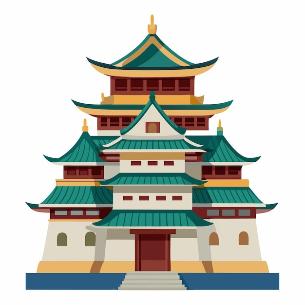 una pagoda china con un techo verde y una puerta roja