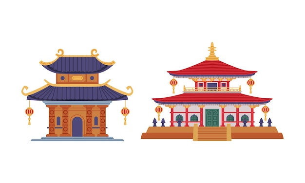 Pagoda como torre china de niveles con múltiples aleros y conjunto vectorial de construcción tradicional