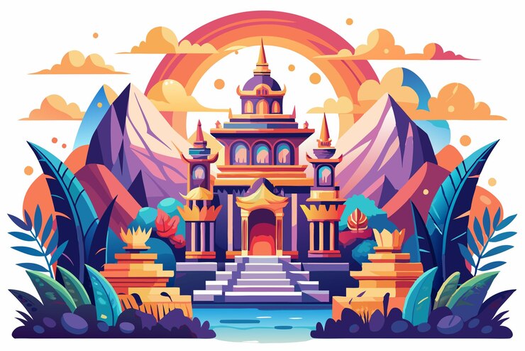 Vector una pagoda dorada en un entorno tropical con montañas y un arco iris