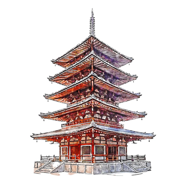 Pagoda japón acuarela dibujado a mano ilustración aislada sobre fondo blanco