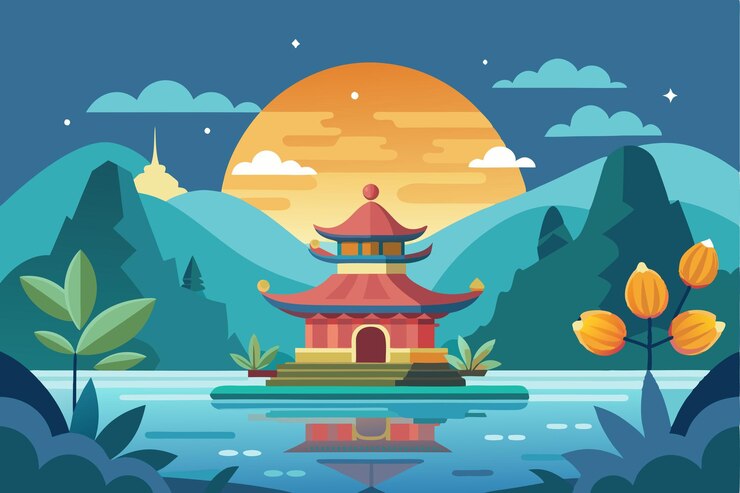 Vector pagoda en una pequeña isla en un paisaje tranquilo