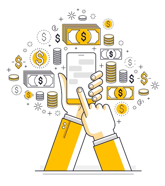 Pagos en línea y concepto de compras, manos de hombre sosteniendo teléfonos y usando aplicaciones de comunicación y actividad de Internet, red global, mercado, mensajería, diseño vectorial.