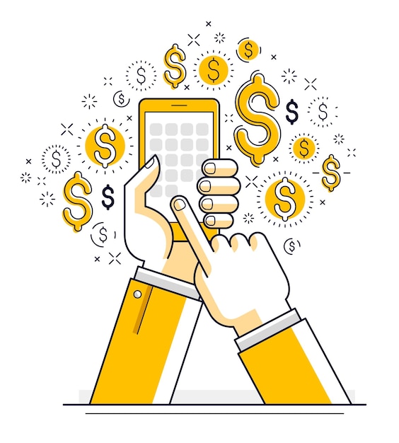 Pagos en línea y concepto de compras, manos de hombre sosteniendo teléfonos y usando aplicaciones de comunicación y actividad de Internet, red global, mercado, mensajería, diseño vectorial.