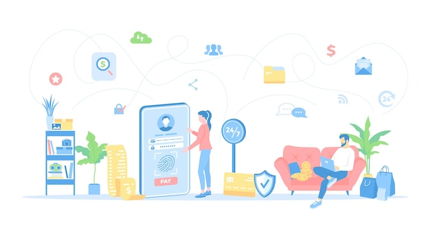 Pagos móviles de banca por internet en línea Hombre que utiliza una computadora portátil para la contabilidad bancaria en línea Mujer que paga