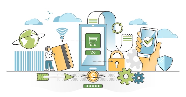 Vector pagos móviles como compra de dinero sin contenido con concepto de esquema de teléfono. transferencia de finanzas bancarias con la ilustración de la aplicación de billetera inteligente. método de cliente moderno y seguro para la experiencia de compra en la tienda.
