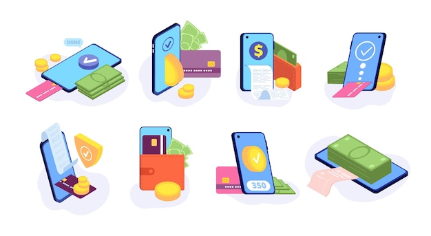 Pagos móviles en línea Pago con tarjeta de dinero Envío de pantalla de monedero electrónico Pago sin efectivo Transferencia de facturas digitales Servicio de transacciones comerciales Concepto de vector completo