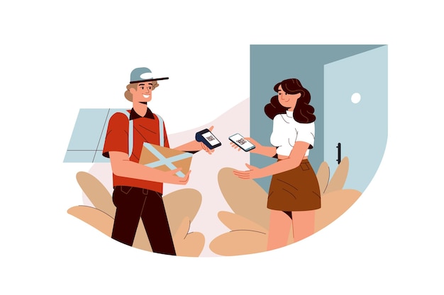 Pagos de mujer plana sin contacto con teléfono inteligente, escaneando código QR