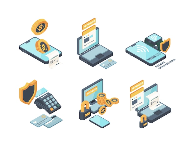 Pagos online. Los pedidos en línea de la computadora de banca digital financiaron la conexión de la billetera del teléfono inteligente y las tarjetas vector iconos isométricos Pago de teléfono inteligente de ilustración, banca de billetera web isométrica
