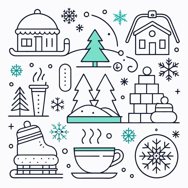 El país de las maravillas de invierno con casas, árboles y una taza humeante de cacao caliente.