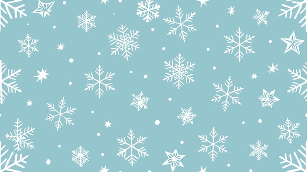 El país de las maravillas de invierno, copos de nieve y estrellas sobre un fondo azul.