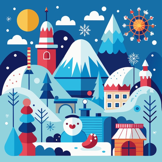El país de las maravillas de invierno con luces festivas y nieve