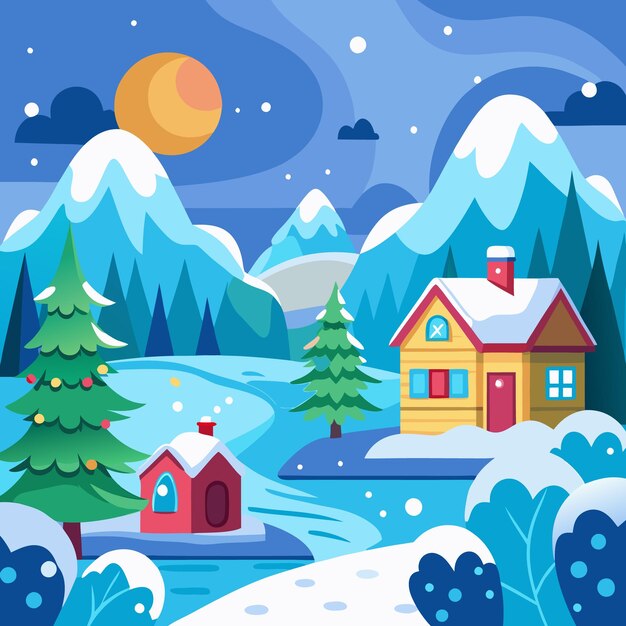 El país de las maravillas de invierno, las montañas nevadas, la cabaña acogedora, el árbol de Navidad.