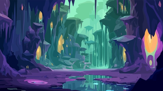 Vector país de las maravillas subterráneo mágico con cascadas en cascada islas flotantes ilustración de dibujos animados