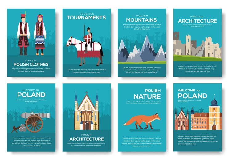 Vector país polonia guía de vacaciones de viaje de mercancías, lugares. conjunto de arquitectura, moda, gente