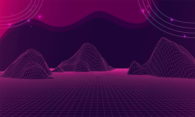 Paisaje 3d del universo futurista con luces de montañas gráficas y estrellas Ilustración de vector de fondo de cuadrícula