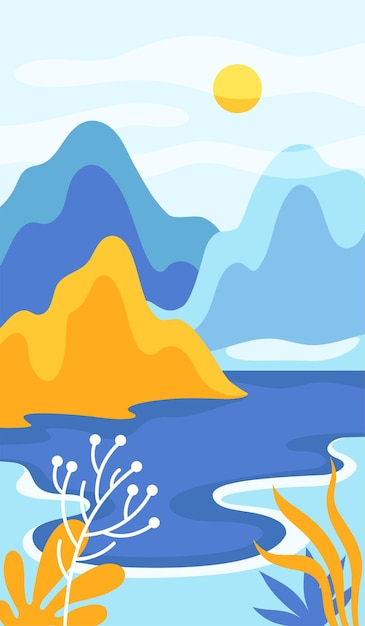 Paisaje abstracto de día azul con montañas y sol en la ilustración vectorial del cielo