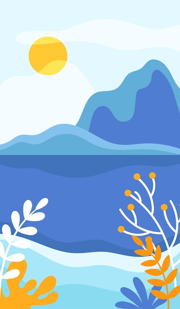 Paisaje abstracto de día azul con montañas y sol en la ilustración vectorial del cielo