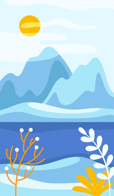 Paisaje abstracto de día azul con montañas y sol en la ilustración vectorial del cielo