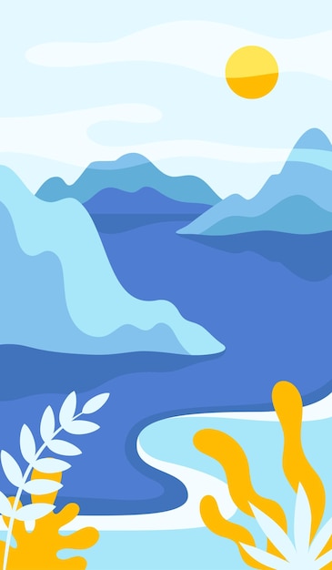 Paisaje abstracto de día azul con montañas y sol en la ilustración vectorial del cielo