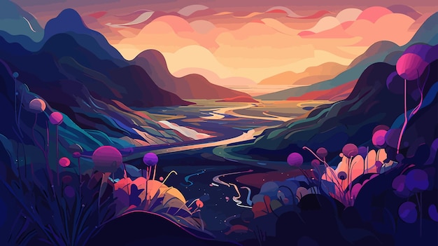 Vector paisaje abstracto inspirado en art nouveau del mundo místico en violeta e índigo