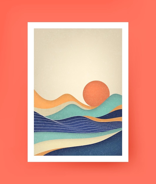 Paisaje abstracto con líneas, sol, montañas. Estilo oriental.