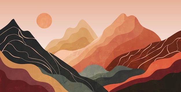 Paisaje abstracto con montañas y colinas en estilo minimalista.