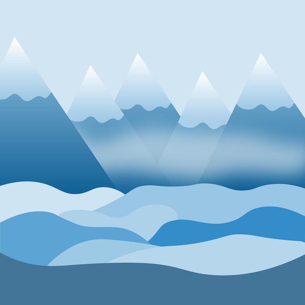 Paisaje abstracto pacífico con montañas y olas en varios tonos de azul durante una mañana tranquila