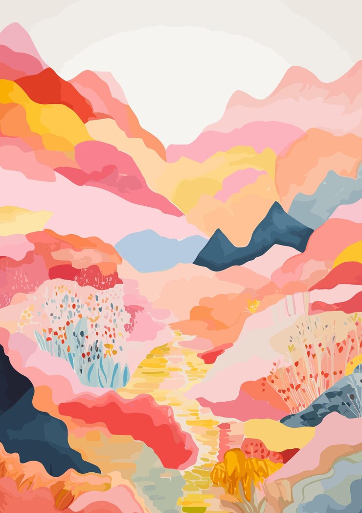 Paisaje de acuarela montañas abstractas y flores de campo