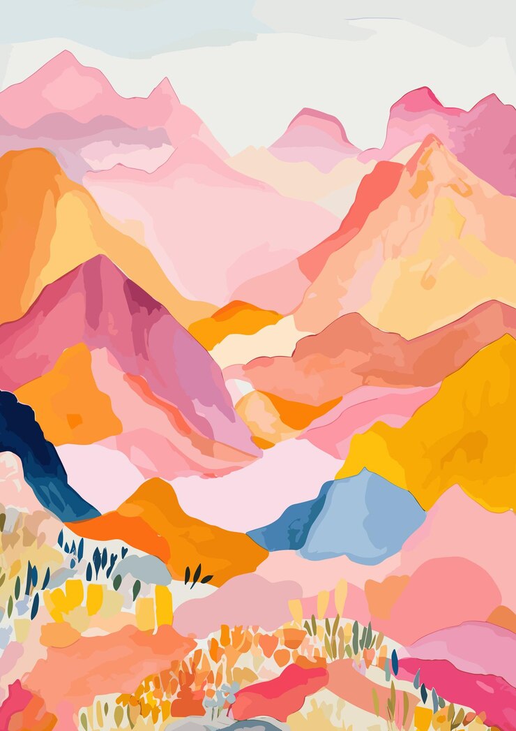 Paisaje de acuarela montañas abstractas y flores de campo