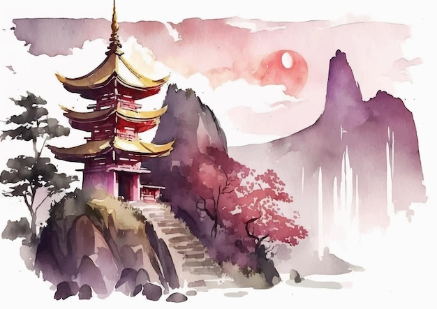 Vector paisaje de acuarela del templo japonés