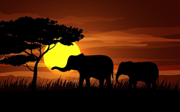 Vector paisaje africano al atardecer con elefantes