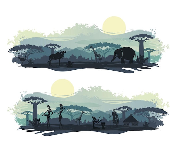 Vector paisaje africano con personas y animales.