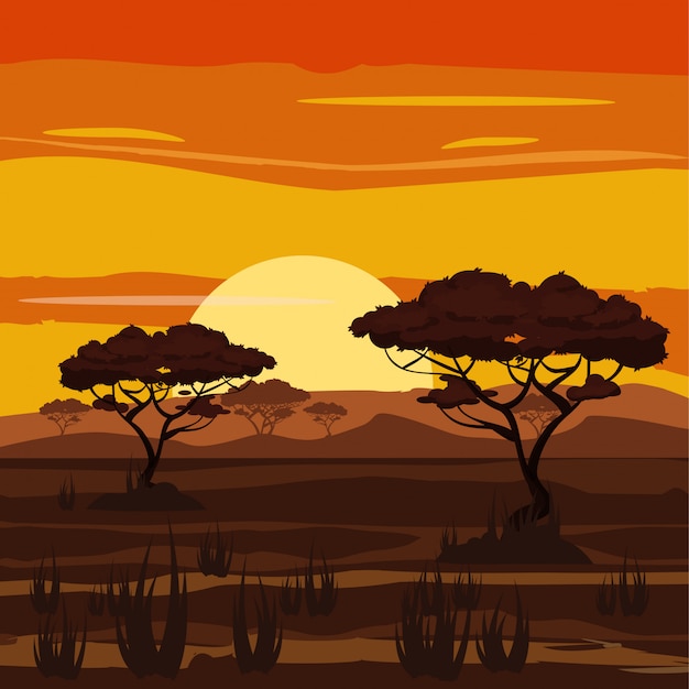 Vector paisaje africano, puesta de sol, sabana, naturaleza, árboles, desierto, estilo de dibujos animados, ilustración vectorial