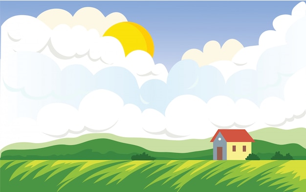 Vector paisaje agrícola con casa del agricultor. campo verde y cúmulos con el sol. ilustración de paisaje.