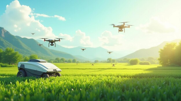Paisaje agrícola futurista con drones y maquinaria avanzada