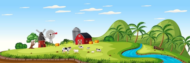 Paisaje agrícola con granja de animales y granero rojo en temporada de verano