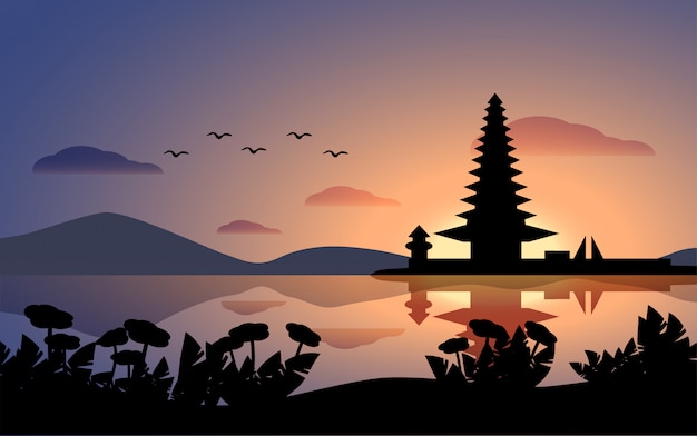 Vector paisaje al atardecer de bali con templo y lago