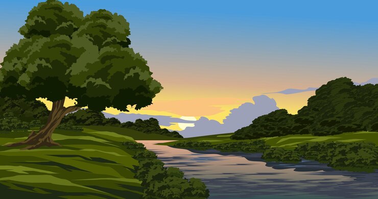 Vector paisaje al atardecer en el campo rural con río.