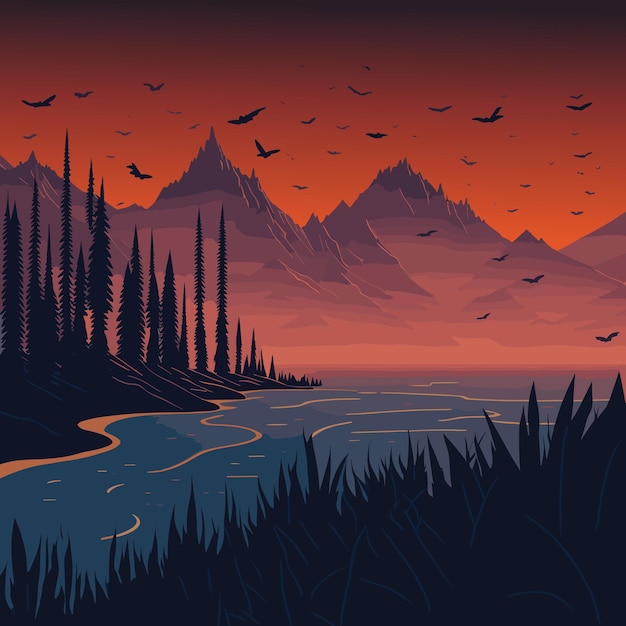 Vector paisaje al atardecer ilustración vectorial