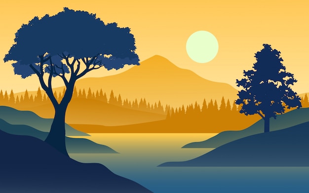 Vector paisaje al atardecer plano con montaña y río