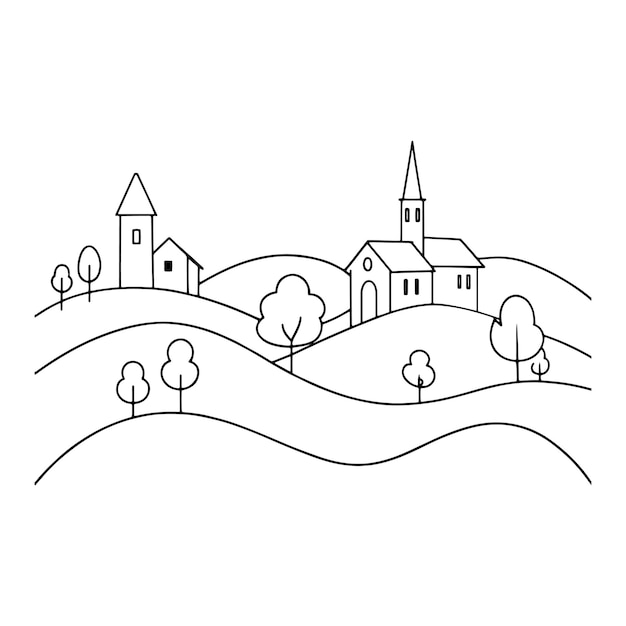 Paisaje con aldea en la colina Arte de líneas continuas Ilustración vectorial plana sobre fondo blanco