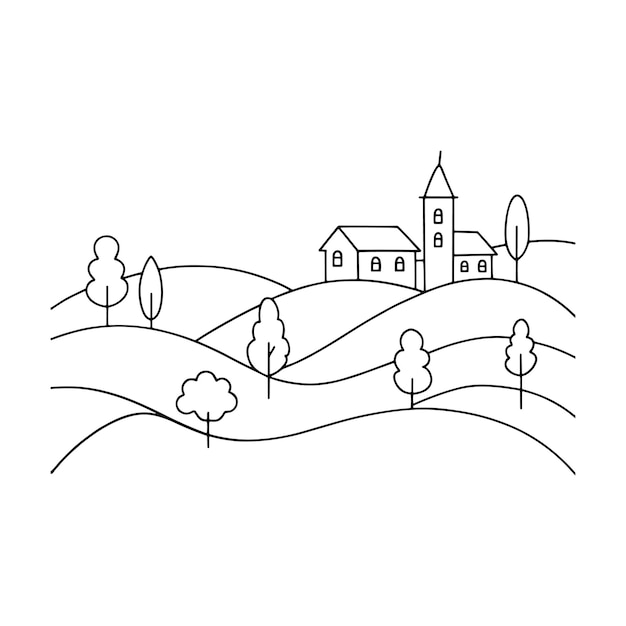 Paisaje con aldea en la colina Arte de líneas continuas Ilustración vectorial plana sobre fondo blanco