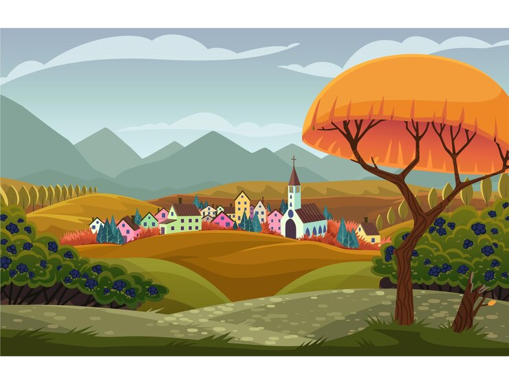 Paisaje de la aldea de otoño con colinas y montañas