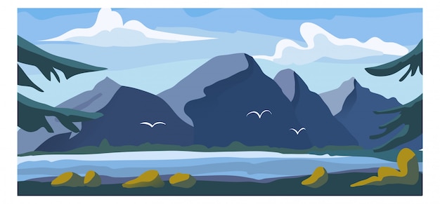 Paisaje de alta montaña, jardín natural alpino con ilustración de dibujos animados de bandera de medio ambiente de fondo de lago de agua dulce.