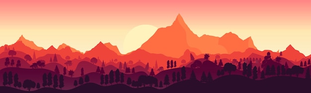 Vector paisaje con altas montañas y bosques en varias capas por la noche en tonos cálidos ilustración vectorial diseño plano el sol se pone sobre las montañasx9