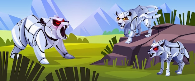 Paisaje de animales robóticos Post-apocalíptica naturaleza con bestias cyborg fauna mecánica personajes oso lobo y puma máquinas de zoológico con ojos rojos brillantes concepto plano de dibujos animados vectorial ordenado