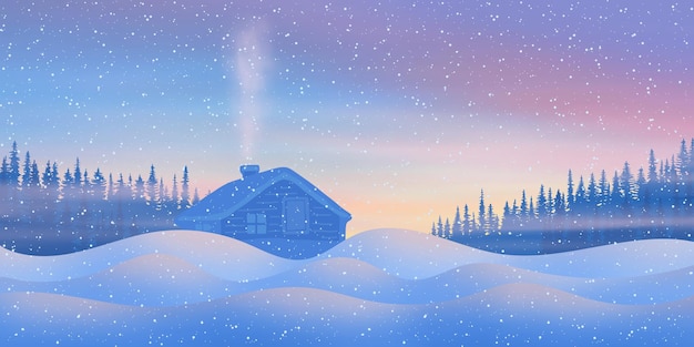 Paisaje de año nuevo, noche de invierno, un pueblo en un bosque nevado