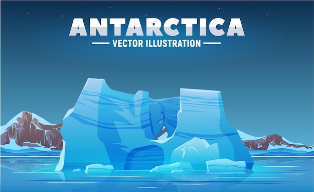 Vector paisaje antártico y vista sobre iceberg con cuevas de hielo ilustración vectorial para web y banner ilustración ártica con montañas nevadas expedición al polo sur